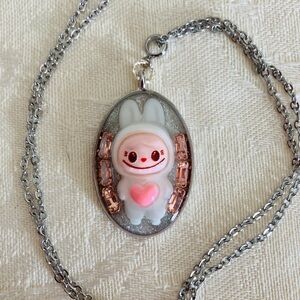 Handmade Kawaii “Labubu” Bunny Pendant Necklace with Rhinestones
